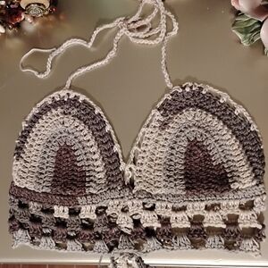 Handmade Crochet Bralette - Cream and Brown